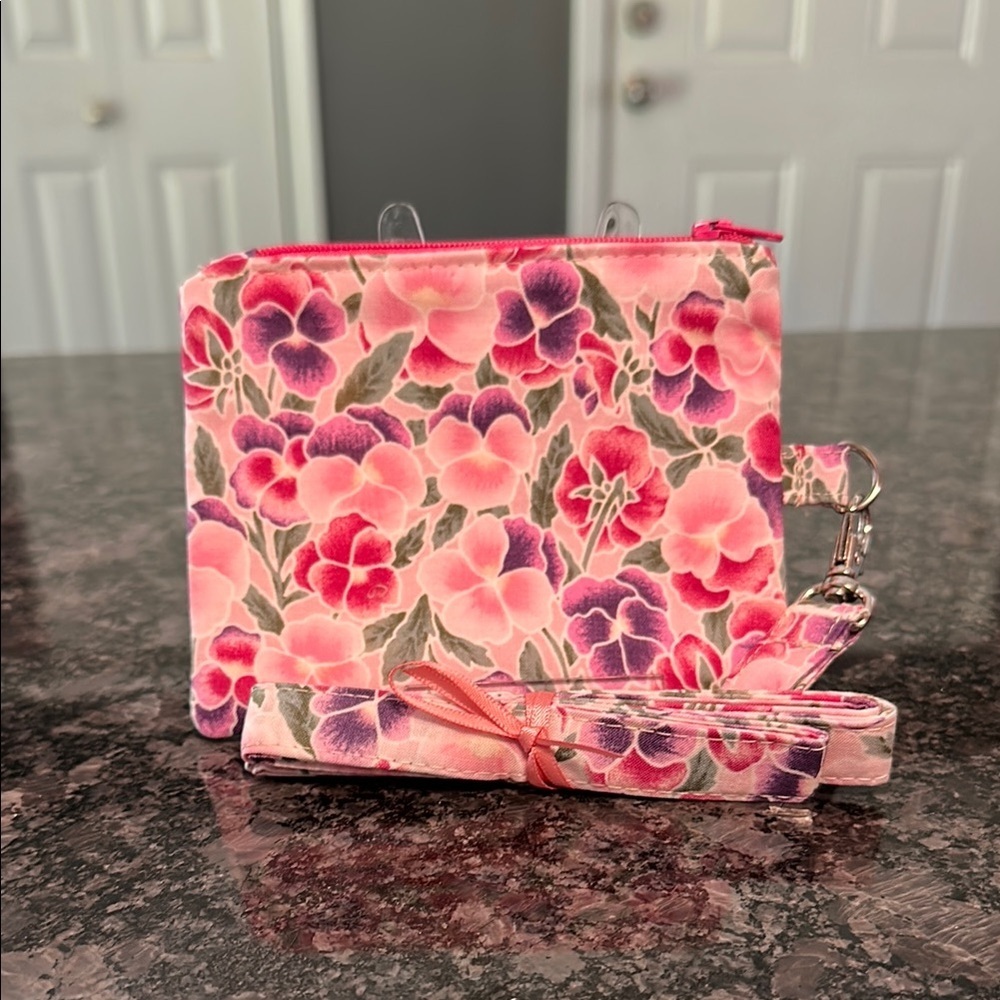 Handmade Floral Pink & Purple Women's wristlet bag w Crossbody strap